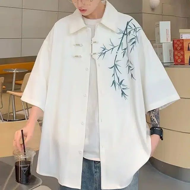 一碗士多 纯色刺绣竹子斜襟盘扣汉服唐装道袍新国风中式复古腔调小众设计个性百搭国潮长袖松弛感日常休闲舒适宽松衬衫 男女同款