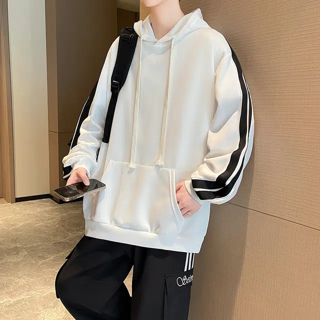 一碗士多 美式复古条纹拼接高级感设计学院风青春活力个性时尚户外通勤日常百搭舒适宽松慵懒风连帽大口袋长袖卫衣 男女同款