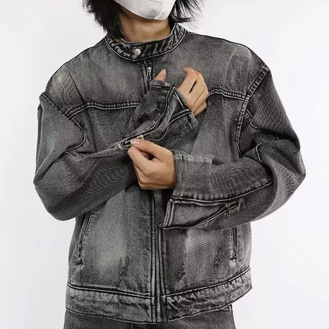 一碗士多 美式复古高街小众百搭做旧水洗拼接设计感袖口拉链个性痞帅时尚日常通勤机车立领牛仔夹克 男女同款