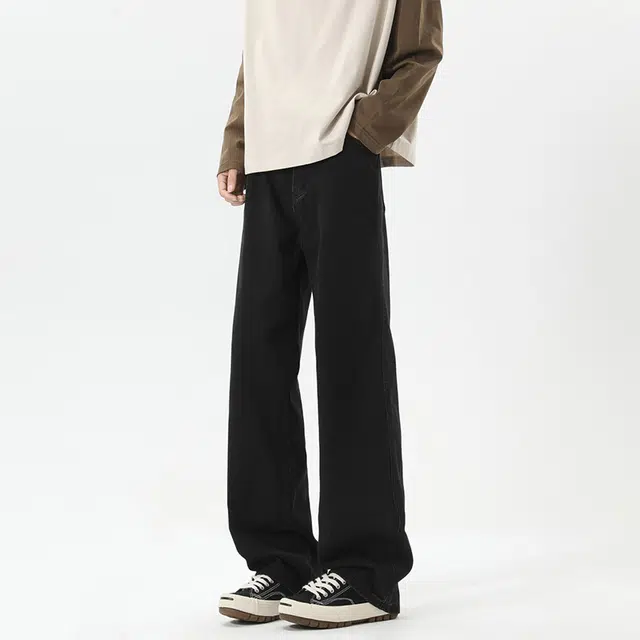 一碗士多 美式高街复古经典小众百搭简约纯色做旧水洗垂感拖地宽松阔腿直筒日常通勤基础款牛仔裤 男女同款