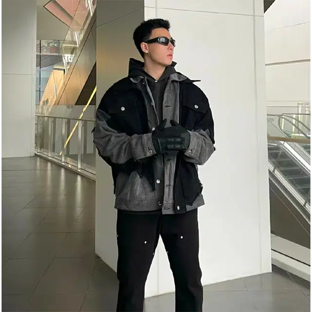 一碗士多 假两件撕裂拼接破裂美式复古高街时尚流行痞帅个性高级设计日常通勤宽松舒适百搭不挑人夹克 男女同款