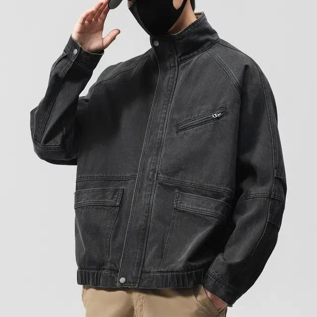 一碗士多 纯色水洗做旧多口袋拼接拉链装饰立领撞色创意个性小众设计时尚百搭宽松休闲日常户外通勤潮流高街工装夹克 男女同款