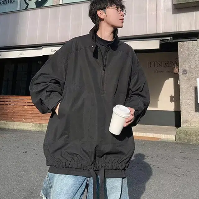 一碗士多 美式复古高街小众百搭纯色简约立领袖口褶皱下摆松紧设计户外登山徒步防风防水机能个性时尚夹克 男女同款