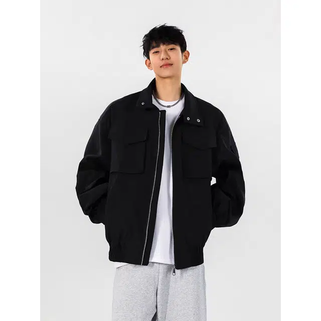 一碗士多 大口袋拉链纯色拼接美式复古高街时尚流行痞帅个性高级设计日常通勤宽松舒适百搭不挑人夹克 男女同款