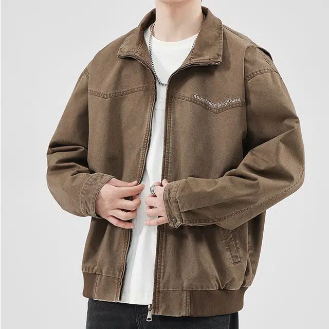 一碗士多 琥珀系重磅复古美式字母设计感拉链百搭小众纯色拼接做旧水洗宽松落肩袖翻领工装外套夹克 男女同款