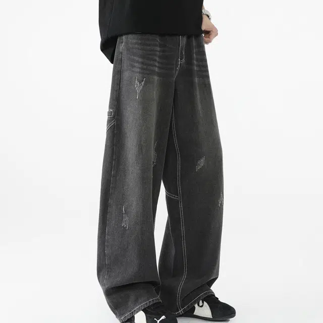 一碗士多 美式小众复古高街百搭简约经典做旧水洗设计宽松阔腿直筒裤子显高显瘦柔软细腻耐磨耐穿日常户外运动通勤牛仔裤 男女同款
