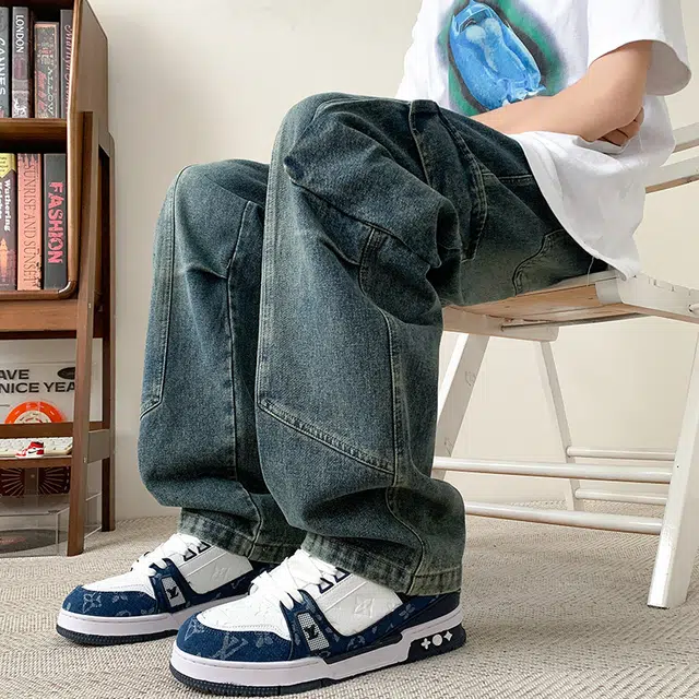 一碗士多 美式水洗做旧大口袋纯色结构拼接高级感设计户外通勤日常百搭高街潮牌舒适宽松痞帅基础款潮流时尚拉链中腰直筒牛仔裤 男女同款