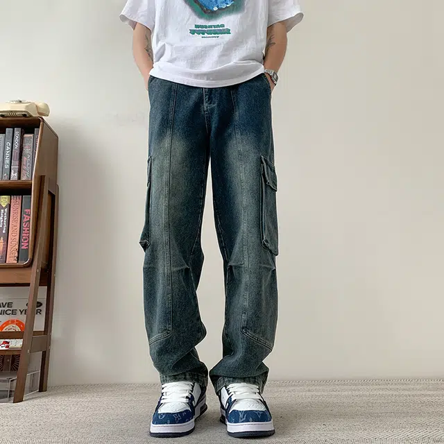 一碗士多 美式水洗做旧大口袋纯色结构拼接高级感设计户外通勤日常百搭高街潮牌舒适宽松痞帅基础款潮流时尚拉链中腰直筒牛仔裤 男女同款