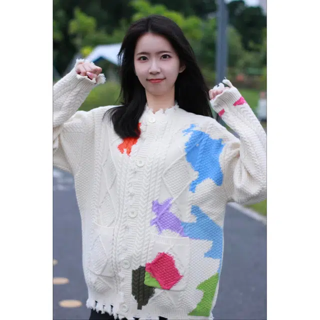 一碗士多 破洞涂鸦撞色宽松百搭舒适针织衫 男女同款