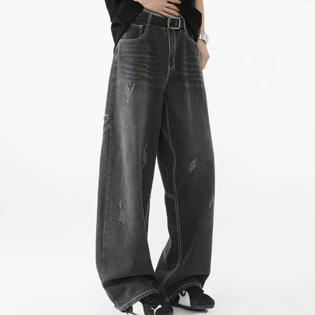 一碗士多 美式小众复古高街百搭简约经典做旧水洗设计宽松阔腿直筒裤子显高显瘦柔软细腻耐磨耐穿日常户外运动通勤牛仔裤 男女同款