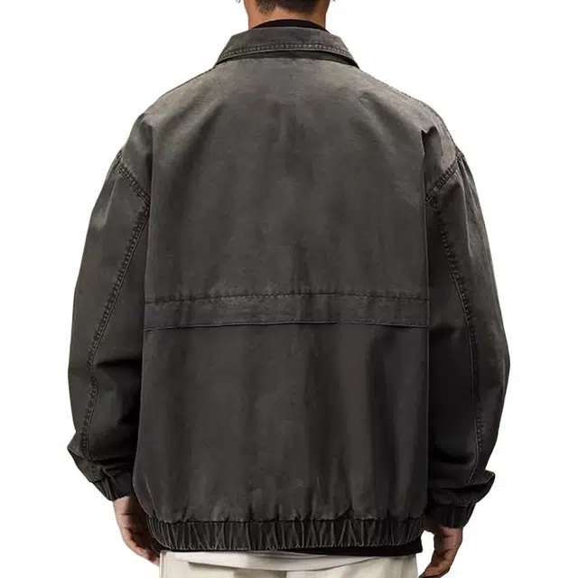 一碗士多 底特律宽松美式复古高街百搭纯色简约个性经典拉链时尚舒适褶皱设计感落肩袖翻领痞帅夹克 男女同款