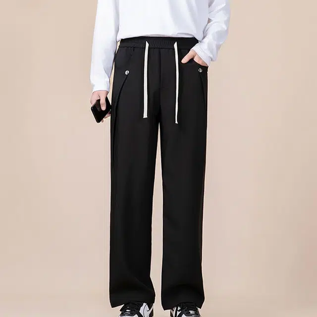 一碗士多 美式高街复古简约纯色小众百搭铆钉拼接设计个性时尚直筒阔腿裤子宽松舒适日常通勤户外活动基础款休闲裤 男女同款