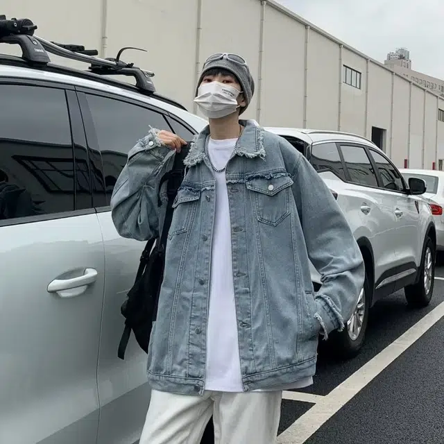 一碗士多 美式高街小众百搭做旧水洗单排扣多口袋通勤宽松日常户外明线翻领破洞毛边牛仔夹克 男女同款