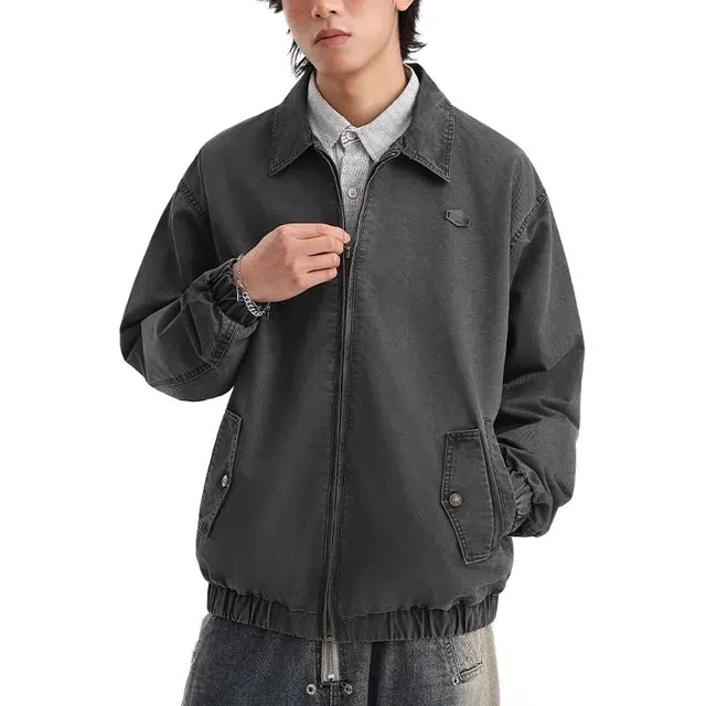 一碗士多 底特律宽松美式复古高街百搭纯色简约个性经典拉链时尚舒适褶皱设计感落肩袖翻领痞帅夹克 男女同款