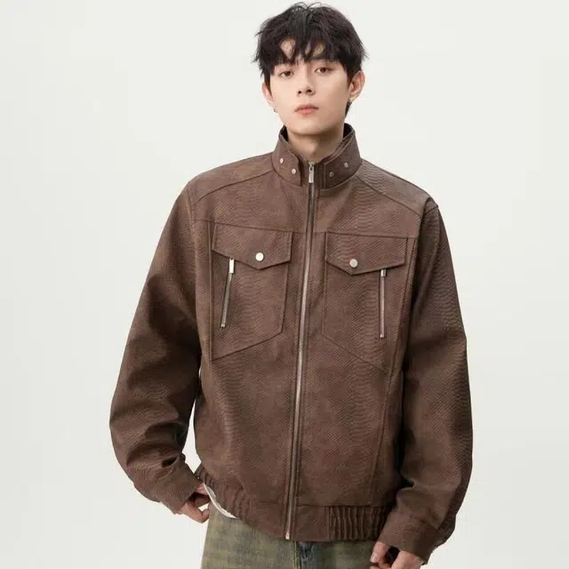 一碗士多 美式复古小众百搭纯色简约仿鱼鳞设计宽松舒适保暖个性痞帅时尚通勤日常活动户外骑车立领飞行员夹克 男女同款