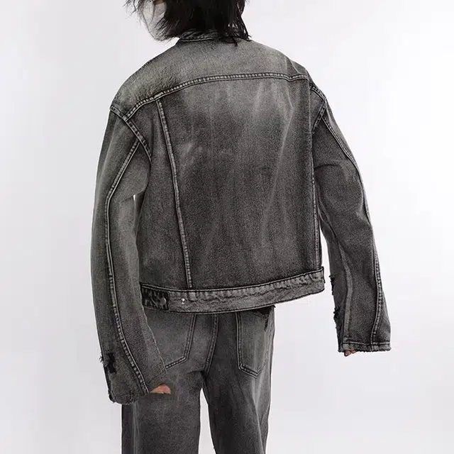 一碗士多 美式复古高街小众百搭做旧水洗拼接设计感袖口拉链个性痞帅时尚日常通勤机车立领牛仔夹克 男女同款
