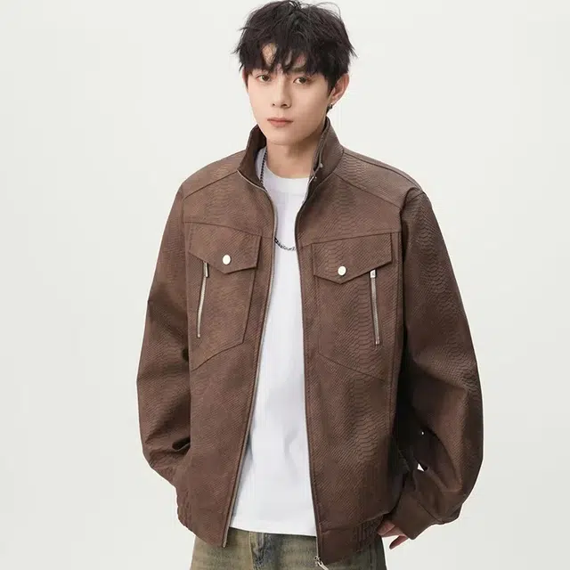 一碗士多 美式复古小众百搭纯色简约仿鱼鳞设计宽松舒适保暖个性痞帅时尚通勤日常活动户外骑车立领飞行员夹克 男女同款