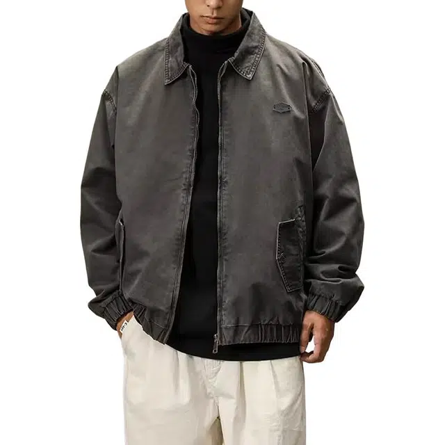 一碗士多 底特律宽松美式复古高街百搭纯色简约个性经典拉链时尚舒适褶皱设计感落肩袖翻领痞帅夹克 男女同款