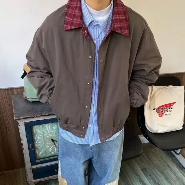 一碗士多  撞色拼接翻领格子静默美式复古个性化设计简约舒适无性别主义日常情侣城市户外通勤出街拍照休闲宽松学院风棒球服 男女同款