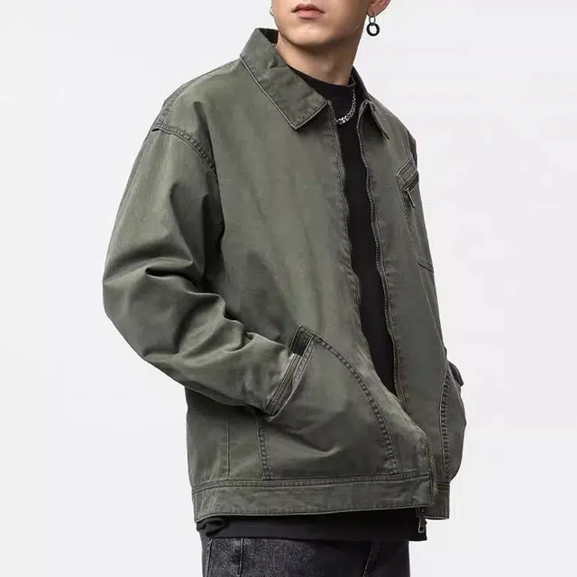 一碗士多 美式复古百搭小众拼接水洗工装高端猎装外套宽松通勤日常出街拍照休闲落肩袖翻领飞行员夹克 男女同款