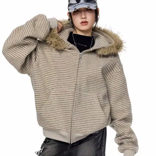 一碗士多 条纹拼色毛领静默美式复古休闲百搭宽松小众个性化高级感防风情侣日常城市户外通勤出街拍照无性别主义慵懒感卫衣 男女同款