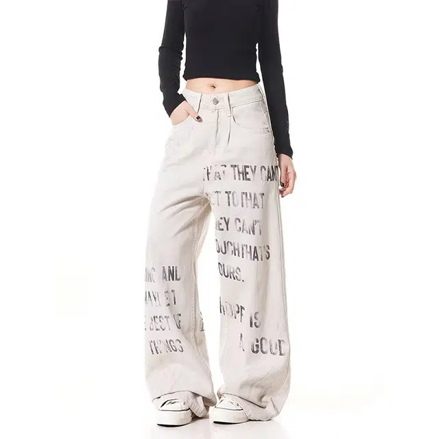 一碗士多 百搭气质小众美式复古文艺风慵懒感简约主义涂鸦设计宽松舒适痞帅垂感拖地阔腿直筒牛仔裤 男女同款