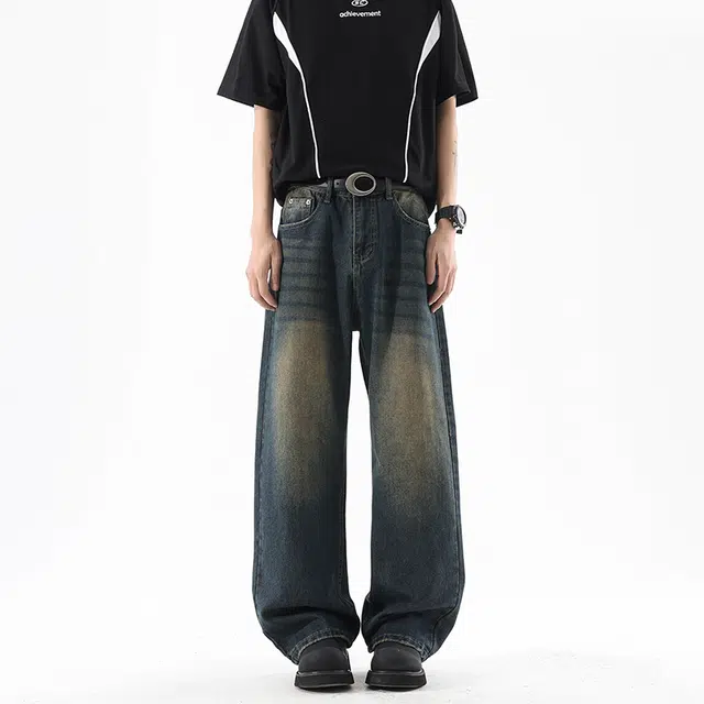 一碗士多 美式高街复古百搭户外垂感拖地街头水洗直筒宽松阔腿牛仔裤 男女同款