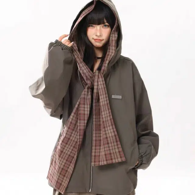 一碗士多  格子拼接围巾披肩撞色小众个性化高级感设计无性别主义宽松休闲舒适百搭情侣日常城市户外通勤学院风棒球服 男女同款