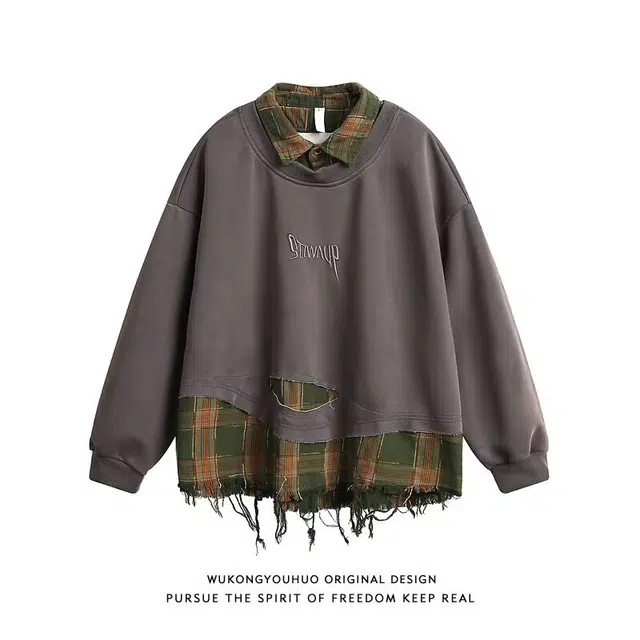 一碗士多 美式复古个性假两件格子拼接刺绣宽松长袖外套卫衣 男女同款