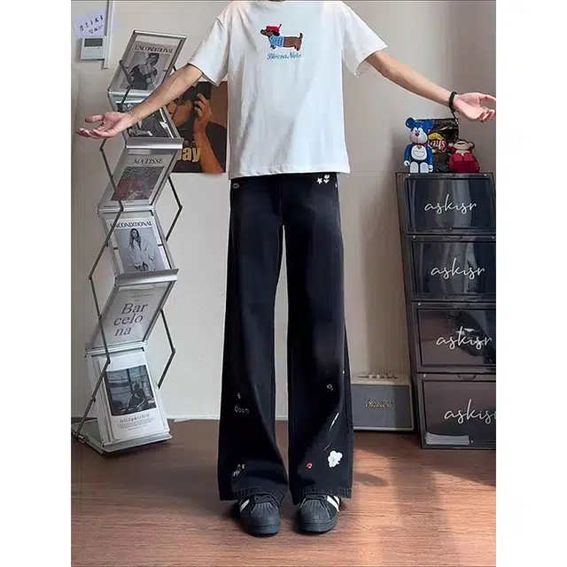 一碗士多 拼接水洗做旧卡通印花美式复古直筒高街时尚流行痞帅个性高级设计日常通勤宽松舒适百搭牛仔裤 男女同款