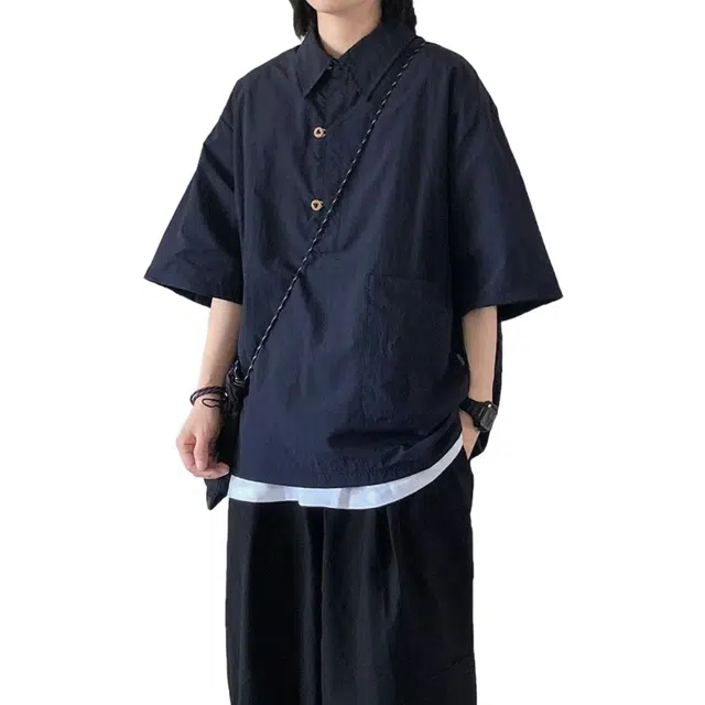 一碗士多 日系复古纯色宽松工装五分休闲衬衣短袖衬衫 男款