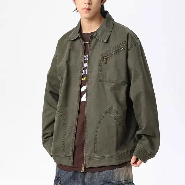一碗士多 美式复古百搭小众拼接水洗工装高端猎装外套宽松通勤日常出街拍照休闲落肩袖翻领飞行员夹克 男女同款