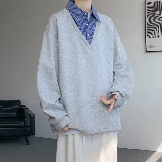 一碗士多 美式小众百搭复古经典设计感纯色格子拼接假两件学院风青春个性时尚宽松日常通勤户外卫衣 男女同款