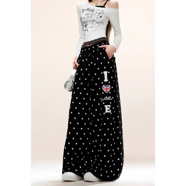 一碗士多 星星印花拼接英文美式复古高街直筒时尚流行痞帅个性高级设计日常通勤宽松舒适百搭不挑人休闲裤 男女同款