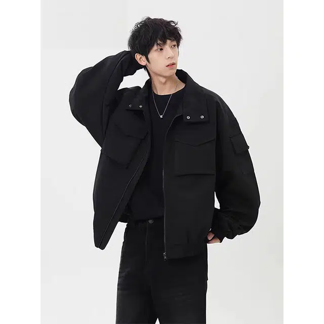 一碗士多 大口袋拉链纯色拼接美式复古高街时尚流行痞帅个性高级设计日常通勤宽松舒适百搭不挑人夹克 男女同款