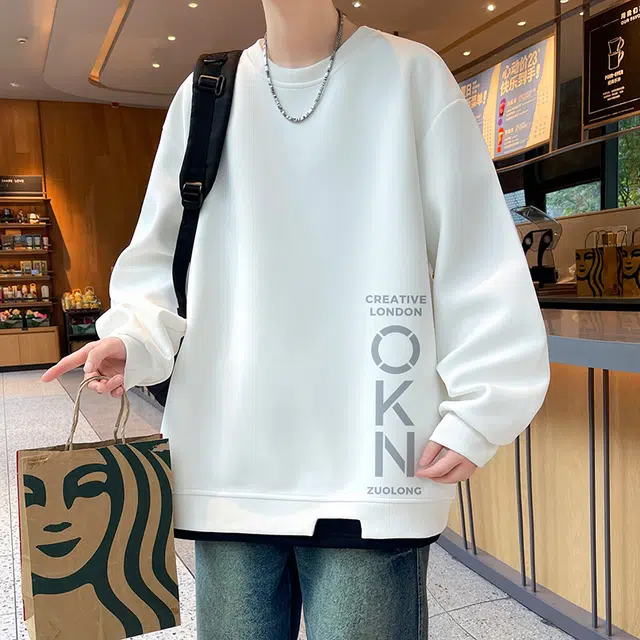 一碗士多 拼接撞色字母印花个性小众高级感设计美式复古高街潮牌时尚舒适宽松户外通勤日常百搭圆领落肩长袖卫衣 男女同款