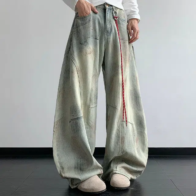 一碗士多 美式复古小众做旧水洗解构拼接设计脏脏裤阔腿直筒裤子垂感拖地街头个性时尚通勤日常废土风牛仔裤 男女同款