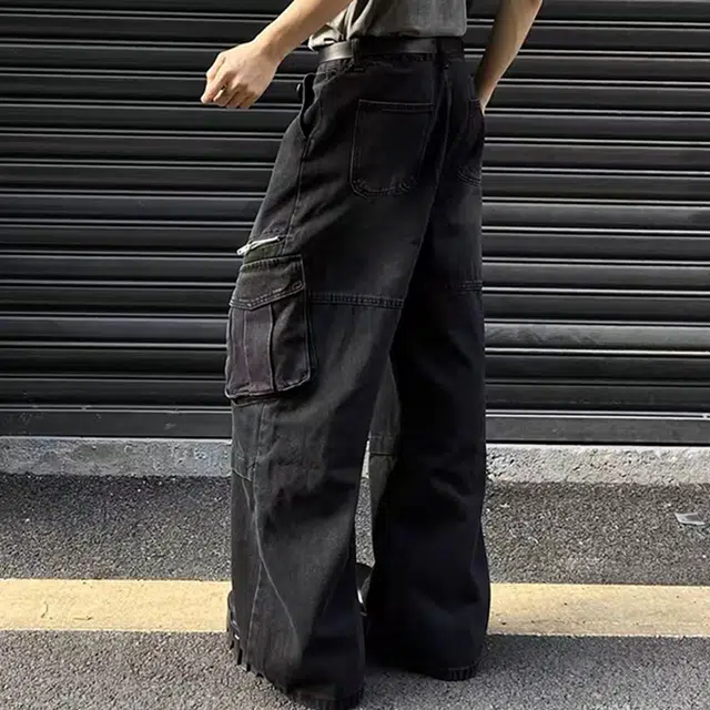 一碗士多 美式复古高街小众百搭基础款做旧水洗舒适亲肤宽松阔腿直筒裤子运动户外通勤废土风多口袋设计牛仔裤 男女同款