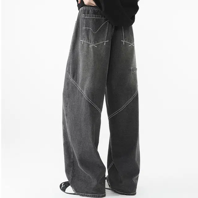 一碗士多 美式小众复古高街百搭简约经典做旧水洗设计宽松阔腿直筒裤子显高显瘦柔软细腻耐磨耐穿日常户外运动通勤牛仔裤 男女同款