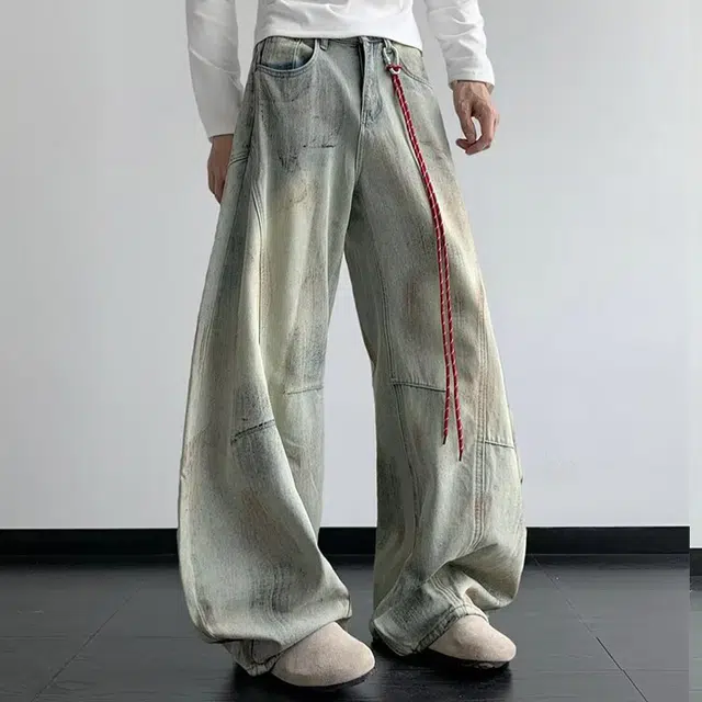 一碗士多 美式复古小众做旧水洗解构拼接设计脏脏裤阔腿直筒裤子垂感拖地街头个性时尚通勤日常废土风牛仔裤 男女同款