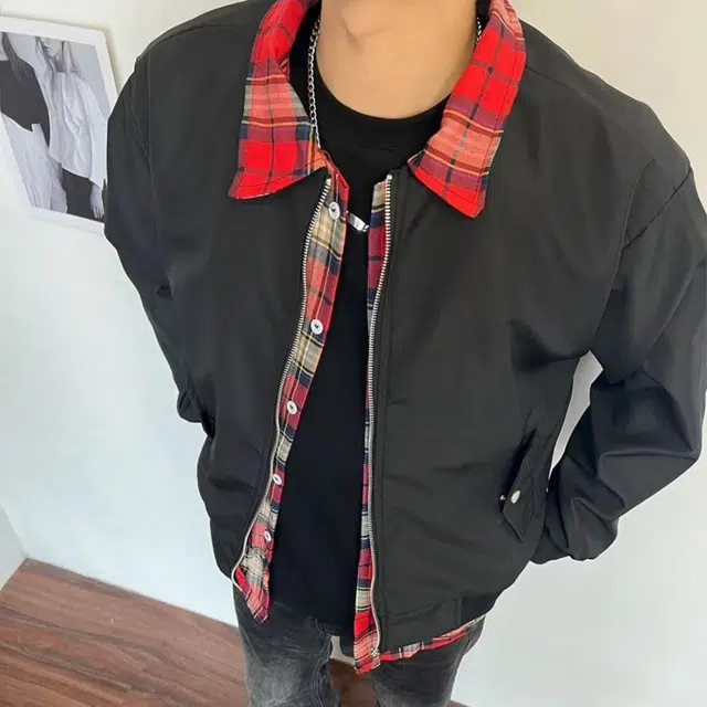 一碗士多  假两件格子撞色拼接翻领美式复古街头潮流时尚高级感无性别主义宽松休闲舒适百搭情侣日常城市户外通勤慵懒学院风棒球服 男女同款