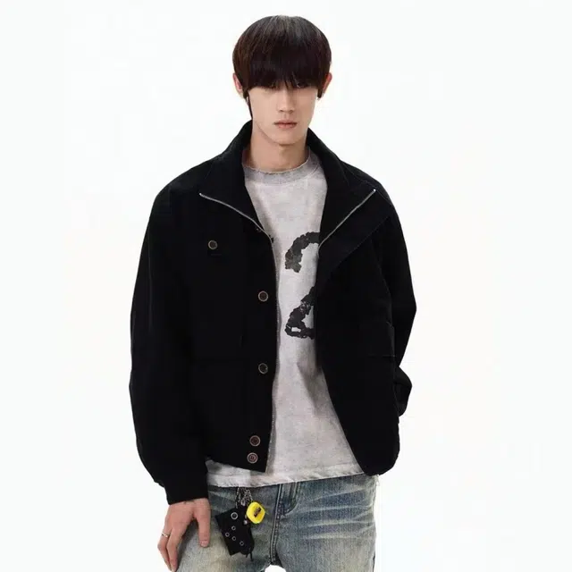 一碗士多  纯色工装口袋立领廓形静默美式复古水洗帆布高级感设计无性别主义宽松舒适百搭日常城市通勤情侣出街拍照痞帅风棒球服 男女同款