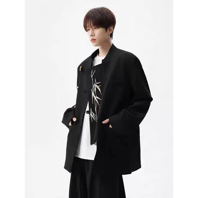 一碗士多 刺绣纯色纽扣多口袋新中式复古高街时尚流行痞帅个性高级设计日常通勤宽松舒适百搭不挑人西装 男女同款