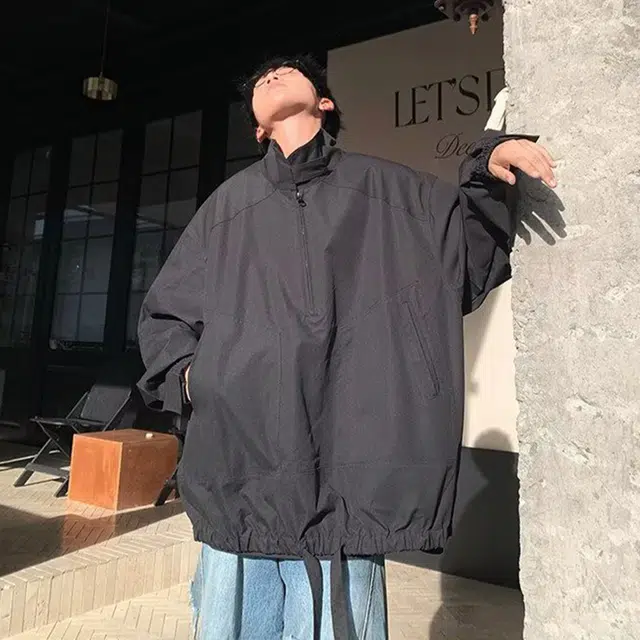 一碗士多 美式复古高街小众百搭纯色简约立领袖口褶皱下摆松紧设计户外登山徒步防风防水机能个性时尚夹克 男女同款