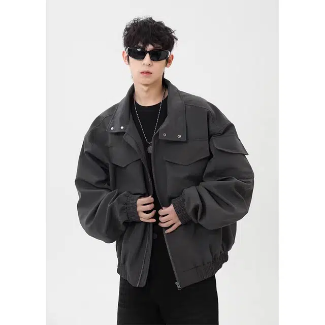 一碗士多 大口袋拉链纯色拼接美式复古高街时尚流行痞帅个性高级设计日常通勤宽松舒适百搭不挑人夹克 男女同款