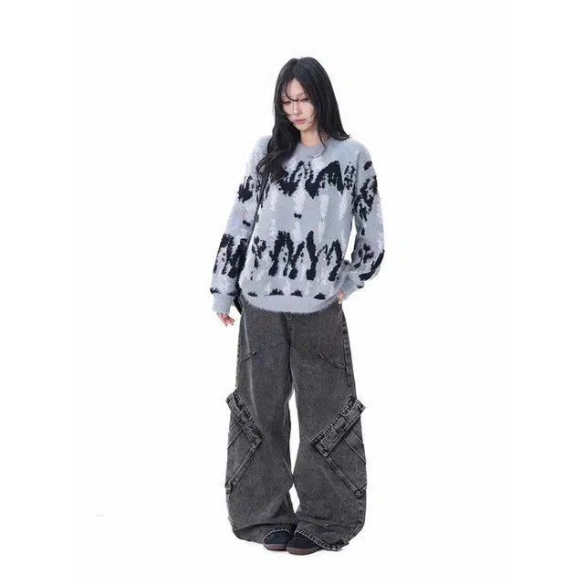 一碗士多 泼墨条纹圆领套头美式复古高街时尚流行痞帅个性高级设计日常通勤宽松舒适百搭不挑人针织衫 男女同款