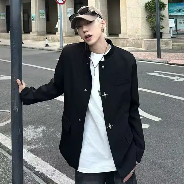 一碗士多 垫肩十字金属扣新中式中山装立领显瘦潮流百搭时尚设计感痞帅高级感国潮外套简约西装 男女同款