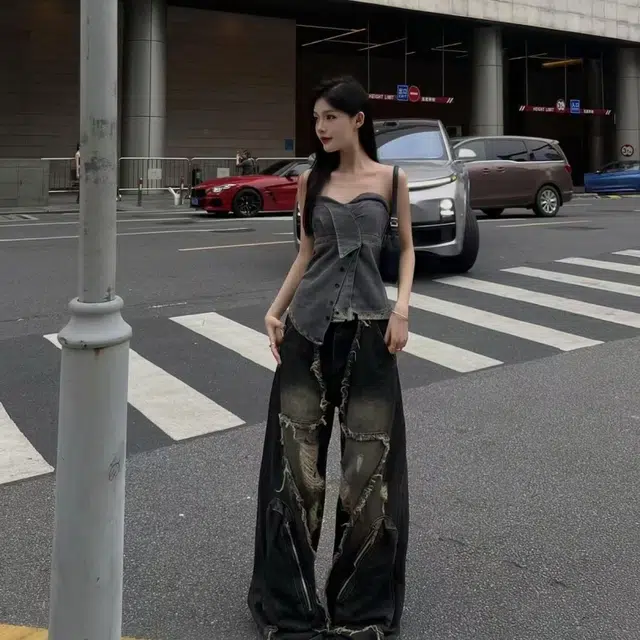 一碗士多 毛边破洞拉链大口袋水洗磨白做旧潮流美式高街复古时尚松弛感设计感强穿搭炸街嘻哈痞帅牛仔裤 男女同款