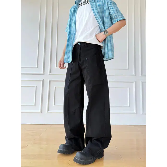 一碗士多 绿松石撞钉装饰拼接解构弯刀阔腿立体裁剪美式复古高街小众设计高级感日常户外通勤宽松百搭舒适显高显瘦痞帅风牛仔裤 男女同款