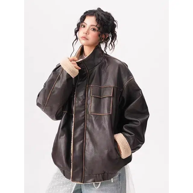 一碗士多 拼接解构口袋条纹美式复古高街时尚流行痞帅个性高级设计日常通勤宽松舒适百搭皮衣 男女同款